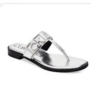 NEW Calvin Klein Tamura Sandals Leather Thong Slides Silver Size 6